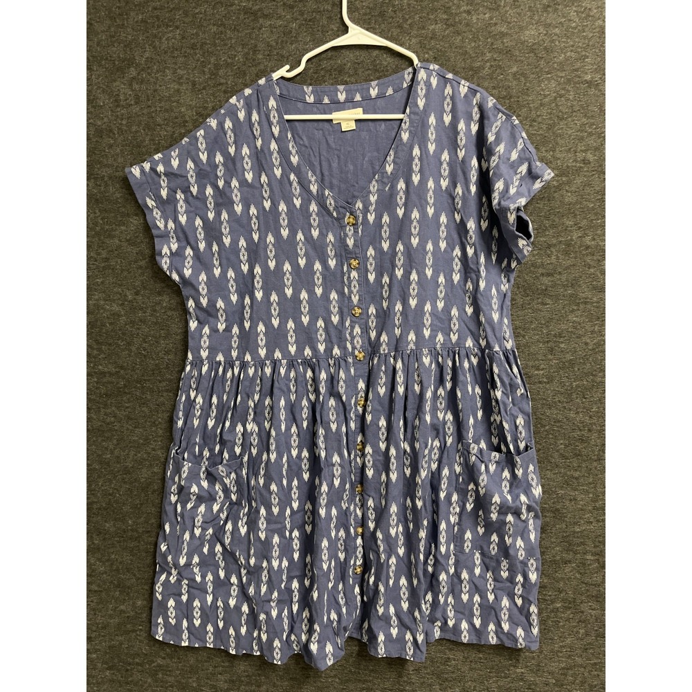 Peyton & Parker Shift Dress Womens XL Blue White Printed V Neck Button Front